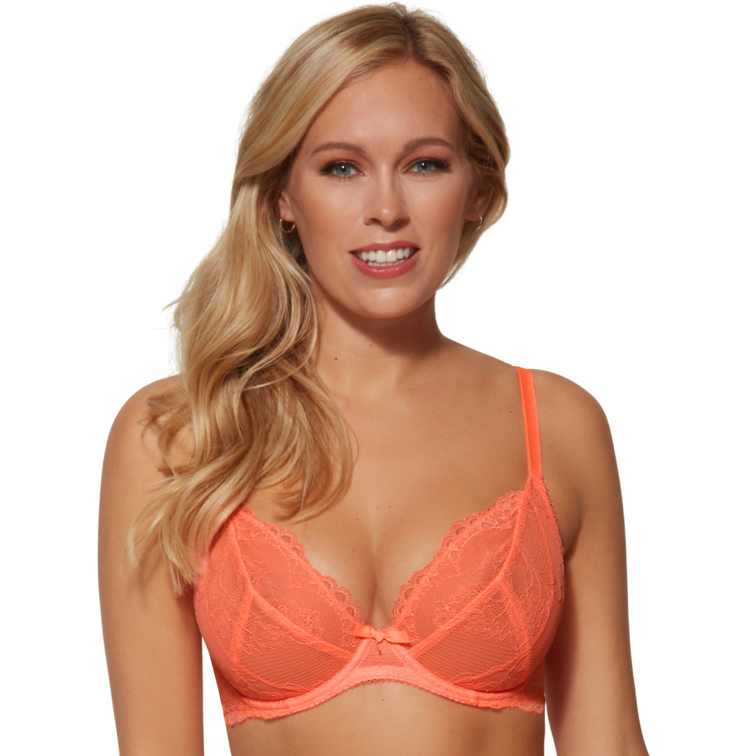 Lavinia Gossard Superboost Lace Neon Coral Plunge Bra with intricate lace details and supportive design.