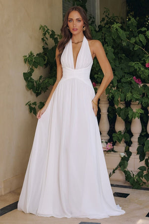 Chiffon Gown with a Deep V Halter Neckline and Soft Pleating, A-Line Silhouette - Farnelli