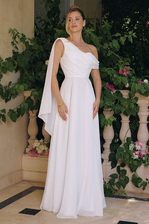 Flowing chiffon gown, one-shoulder neckline A-line - Farnelli