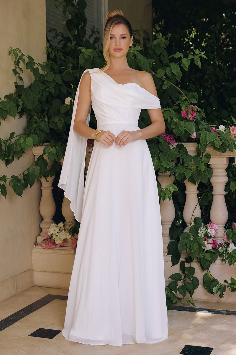 Flowing chiffon gown, one-shoulder neckline A-line - Farnelli