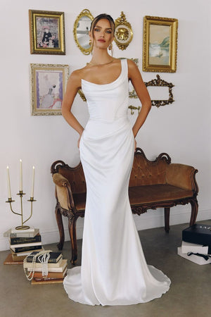 One-Shoulder Stretch Satin Gown Blends Sculpted, Draping - Farnelli