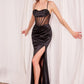 Ladivine Amoris T812 Long Fitted Sheer Bodice Cowl Neck Satin Prom Dress