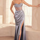 Ladivine Amoris T812 Long Fitted Sheer Bodice Cowl Neck Satin Prom Dress