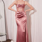Ladivine Amoris T812 Long Fitted Sheer Bodice Cowl Neck Satin Prom Dress