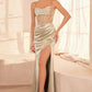 Ladivine Amoris T812 Long Fitted Sheer Bodice Cowl Neck Satin Prom Dress