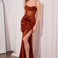 Ladivine Amoris T812 Long Fitted Sheer Bodice Cowl Neck Satin Prom Dress