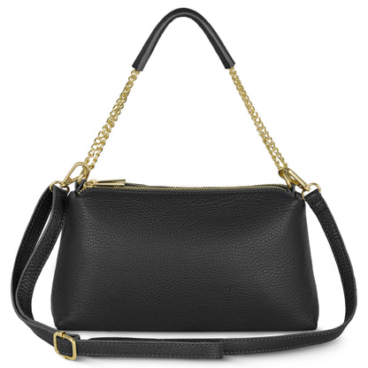 Black Italian full-grain leather crossbody bag by TAKEASY with a sleek shoulder strap and minimalist design.