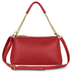 Red Italian full-grain leather crossbody bag by TAKEASY, featuring a sleek design and adjustable strap.