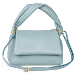 Light blue Italian full-grain leather top-handle bag by TAKEASY, featuring a sleek design and sturdy handles.