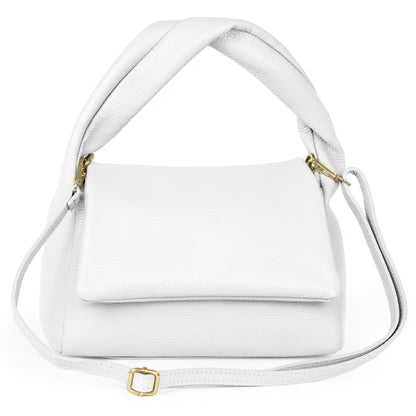 Italian full-grain leather top-handle bag by TAKEASY, white calf leather with elegant design and sturdy handle.