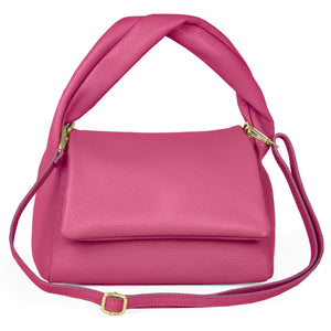 Perugia TAKEASY Italian full-grain leather top-handle bag in vibrant fuchsia with sleek design and sturdy handle.