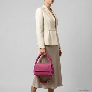 Takeasy Italian full-grain leather top-handle bag with sleek design in vibrant fuchsia, featuring sturdy handles and smooth leather finish.