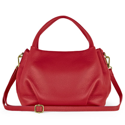 Red Italian full-grain leather top-handle bag by TAKEASY, featuring a sleek design and sturdy top handle.