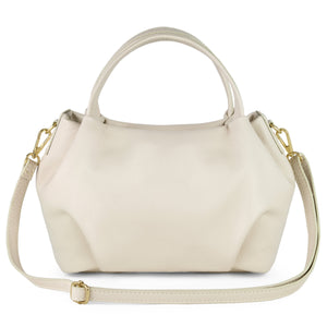 Beige Italian full-grain leather top-handle bag by TAKEASY with sturdy handles and sleek design.