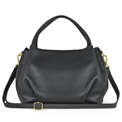 Italian full-grain leather top-handle bag by TAKEASY, black calf leather with polished handle and sleek design.