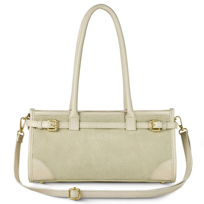 Takeasy Italian genuine suede and full-grain leather shoulder bag with top handle in beige, stylish and durable for everyday use