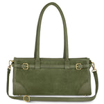 TAKEASY Italian genuine suede and full-grain leather shoulder bag with top handle in olive color, stylish and spacious for everyday use.