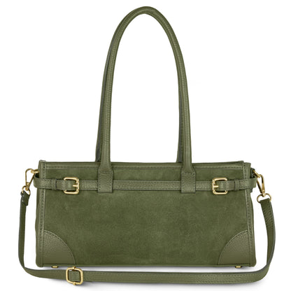 TAKEASY Italian genuine suede and full-grain leather shoulder bag with top handle in olive color, stylish and spacious for everyday use.