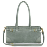 Italian genuine suede and full-grain leather shoulder bag by TAKEASY with top handle in grey leather and suede.