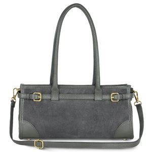 Dark grey TAKEASY Italian genuine suede and full-grain leather shoulder bag with top handle and sleek design.