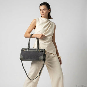 Dark grey TAKEASY Italian genuine suede and full-grain leather shoulder bag with sleek design and adjustable strap.
