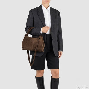 Italian genuine suede shoulder bag by TAKEASY in chocolate brown, featuring a sleek leather design and stylish shoulder strap.