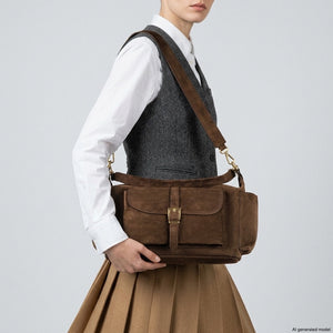 Takeasy Italian genuine suede shoulder bag in chocolate, stylish and soft with a sleek strap and elegant design.