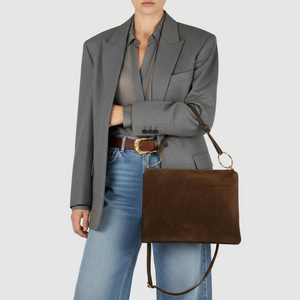 Italian genuine suede shoulder bag by TAKEASY in chocolate brown, featuring a sleek, stylish design with leather accents.