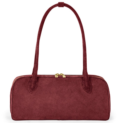 Italian genuine suede shoulder bag by TAKEASY in burgundy, featuring a sleek leather design and spacious interior.