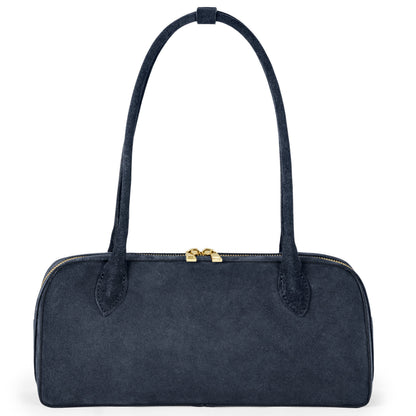 Dark blue Italian genuine suede shoulder bag by TAKEASY, stylish leather shoulder bag with elegant design and spacious interior.