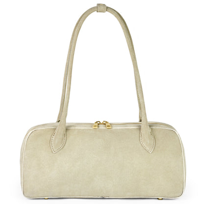 Takeasy Italian genuine suede shoulder bag in beige with leather accents, stylish and versatile for everyday use.