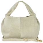 Beige Italian genuine suede shoulder bag by TAKEASY featuring sleek leather accents and a versatile design.