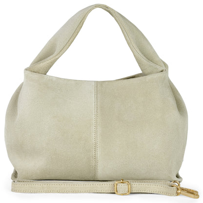 Beige Italian genuine suede shoulder bag by TAKEASY featuring sleek leather accents and a versatile design.