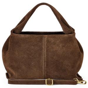 Italian genuine suede shoulder bag by TAKEASY in chocolate brown, featuring a soft leather finish and sleek design.