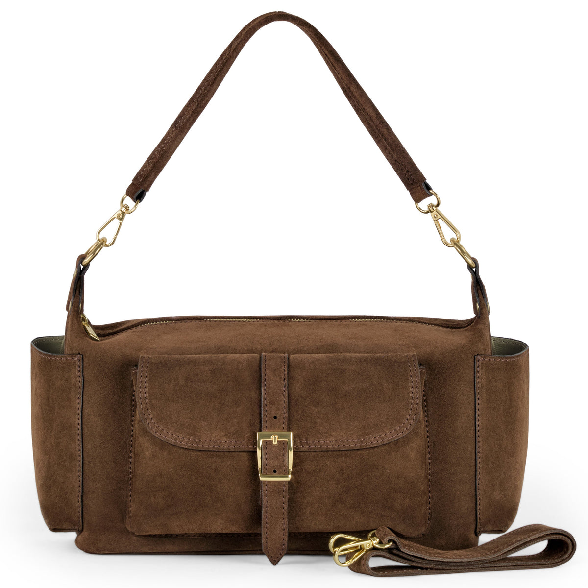 Takeasy Italian genuine suede shoulder bag in chocolate brown, stylish leather design with shoulder strap and elegant craftsmanship.