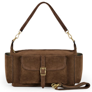 Takeasy Italian genuine suede shoulder bag in chocolate brown, stylish leather design with shoulder strap and elegant craftsmanship.