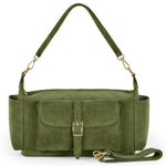 Takeasy Italian genuine suede shoulder bag in olive color, stylish leather design with shoulder strap and elegant craftsmanship.