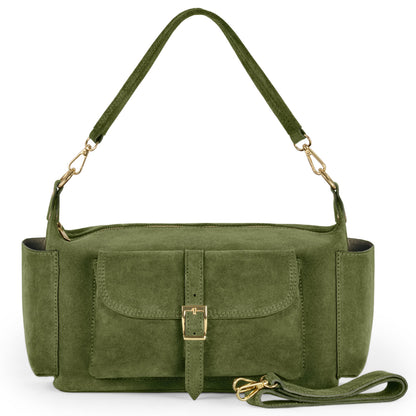 Takeasy Italian genuine suede shoulder bag in olive color, stylish leather design with shoulder strap and elegant craftsmanship.