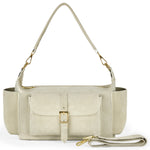Beige Italian genuine suede shoulder bag by TAKEASY with sleek leather accents, stylish and versatile for everyday use.