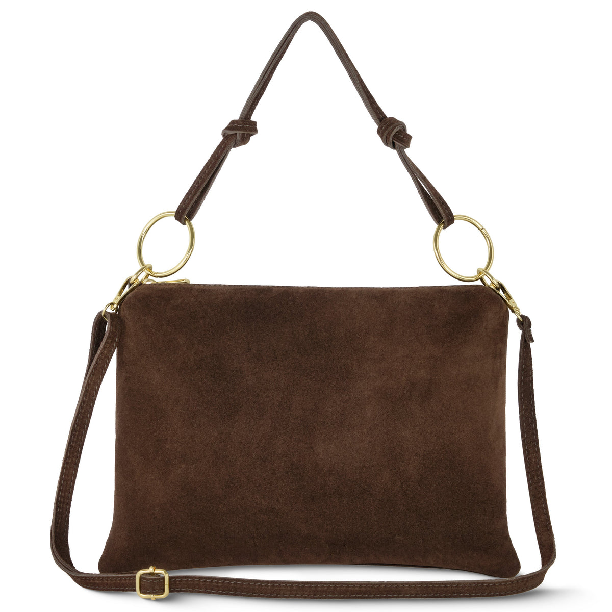 Italian genuine suede shoulder bag by TAKEASY in chocolate brown with sleek leather accents, stylish and versatile for everyday use.