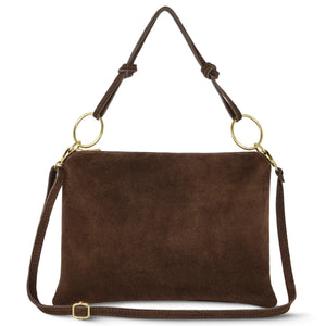 Italian genuine suede shoulder bag by TAKEASY in chocolate brown with sleek leather accents, stylish and versatile for everyday use.