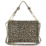 Italian genuine suede shoulder bag by TAKEASY with leopard print, featuring a stylish leather design and adjustable strap.