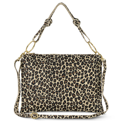 Italian genuine suede shoulder bag by TAKEASY with leopard print, featuring a stylish leather design and adjustable strap.