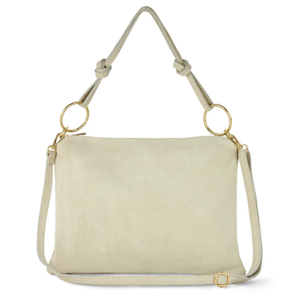 Beige Italian genuine suede shoulder bag by TAKEASY with sleek leather accents, stylish and versatile for everyday use.