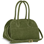 Italian genuine suede top-handle bag by TAKEASY, olive green leather purse with elegant design and sturdy handle.
