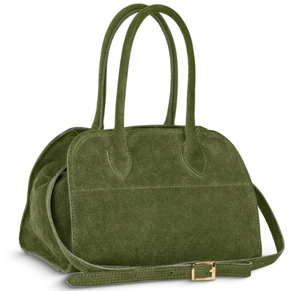 Italian genuine suede top-handle bag by TAKEASY, olive green leather purse with elegant design and sturdy handle.