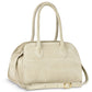 Beige Italian genuine suede top-handle bag by TAKEASY, featuring a sleek leather design and elegant carry handles.