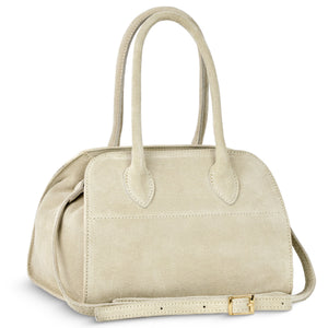 Beige Italian genuine suede top-handle bag by TAKEASY, featuring a sleek leather design and elegant carry handles.