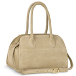 Italian genuine suede top-handle bag by TAKEASY, in greige leather with a stylish, elegant design.