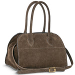 Italian genuine suede top-handle bag by TAKEASY in tobacco color, featuring a stylish leather design with a top handle.